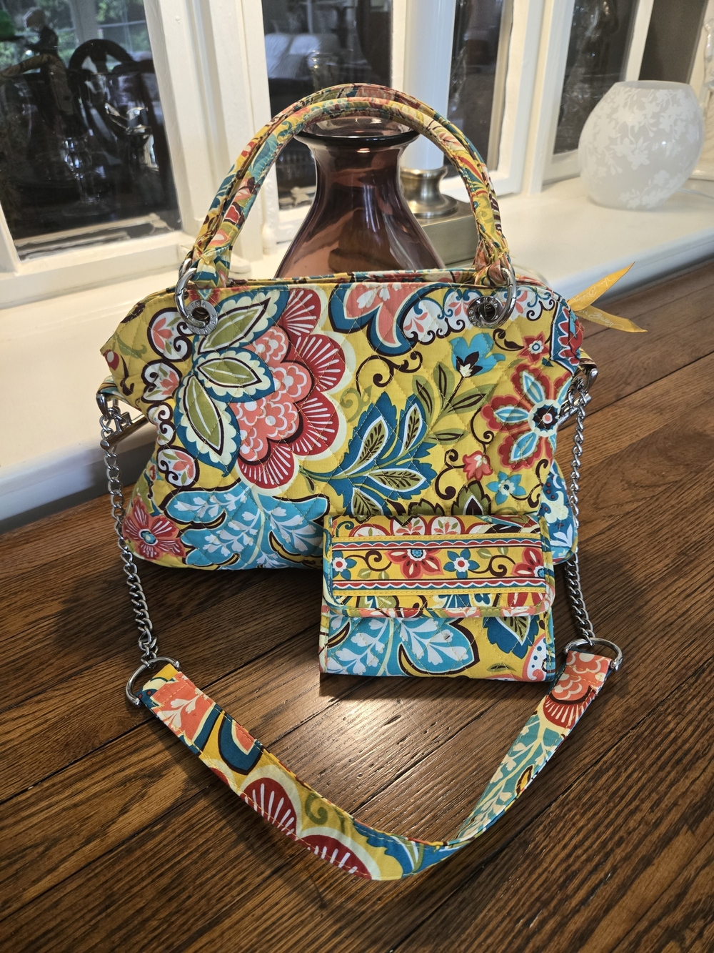 Floral Quilted Yellow Tote Bag with Matching Wallet